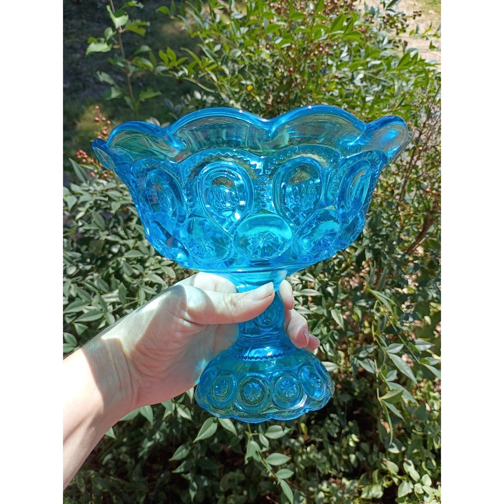 Vintage L E Smith Blue Glass Moon & Stars Pedestal Flared Compote 7"